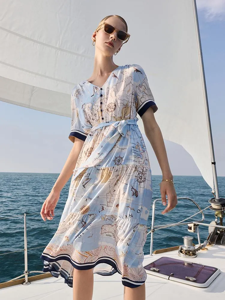 19 Momme Silk Map Printed Midi Dress