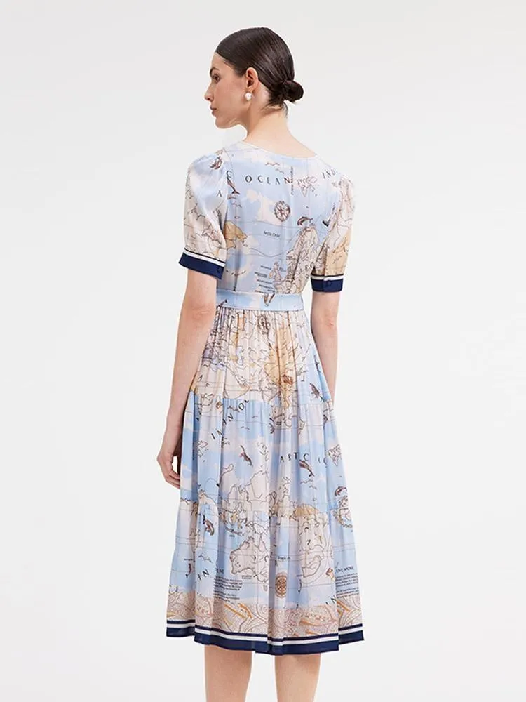 19 Momme Silk Map Printed Midi Dress