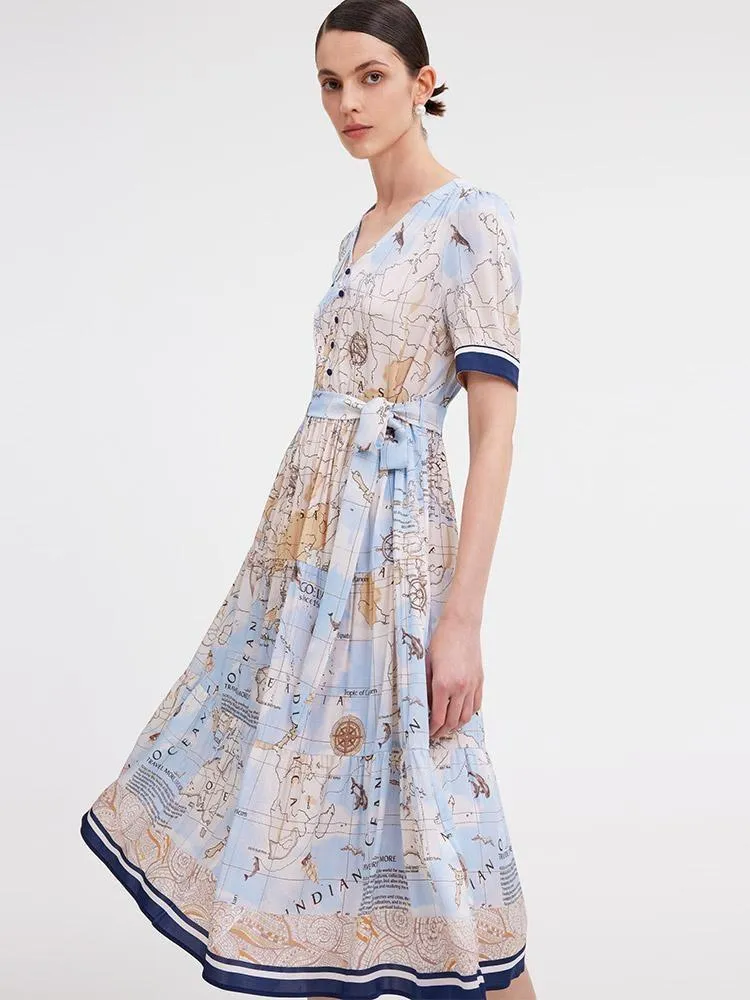 19 Momme Silk Map Printed Midi Dress