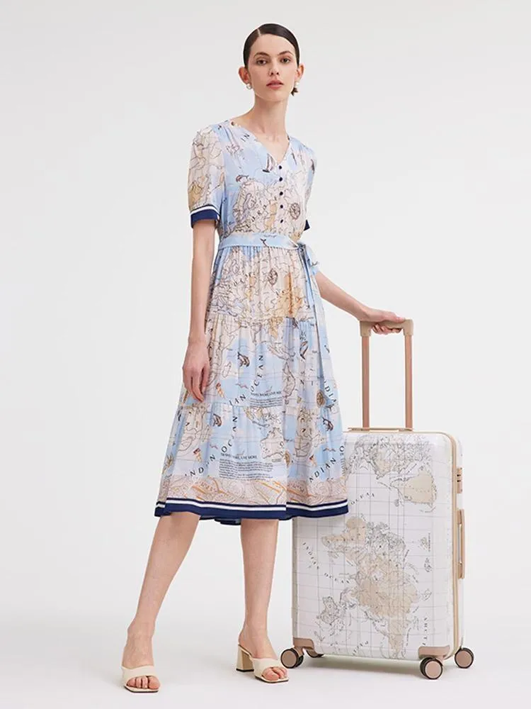 19 Momme Silk Map Printed Midi Dress