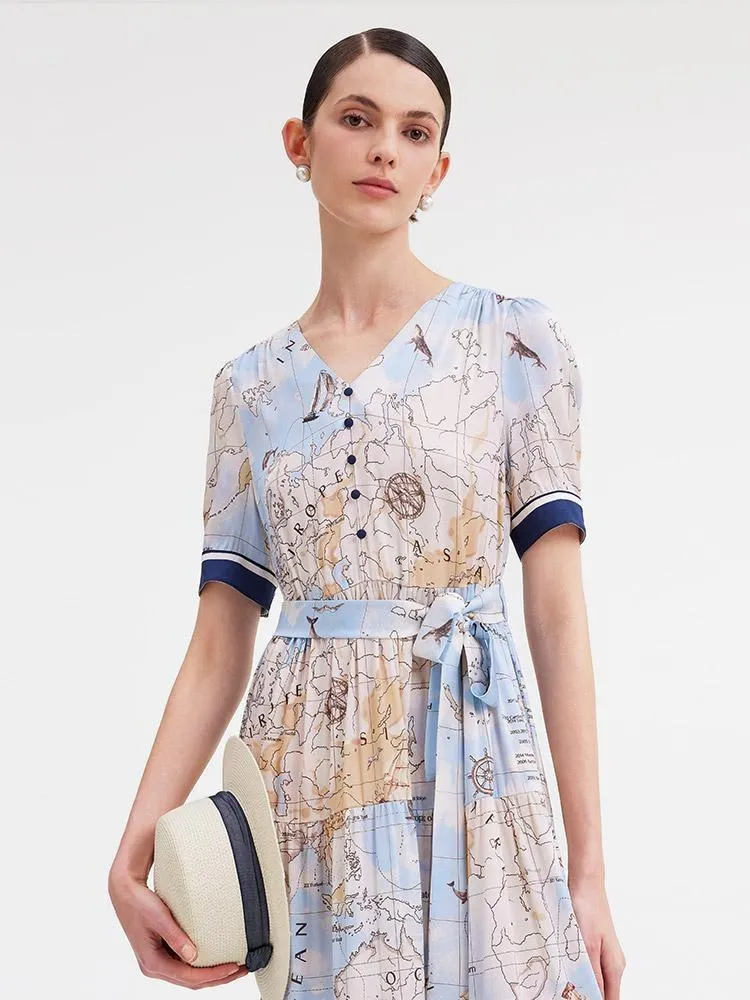 19 Momme Silk Map Printed Midi Dress