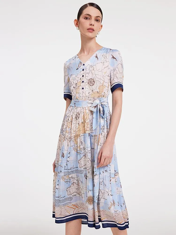 19 Momme Silk Map Printed Midi Dress