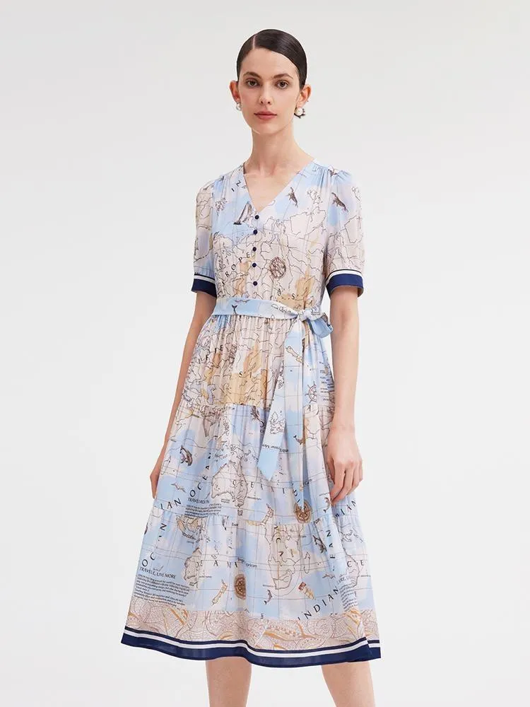 19 Momme Silk Map Printed Midi Dress