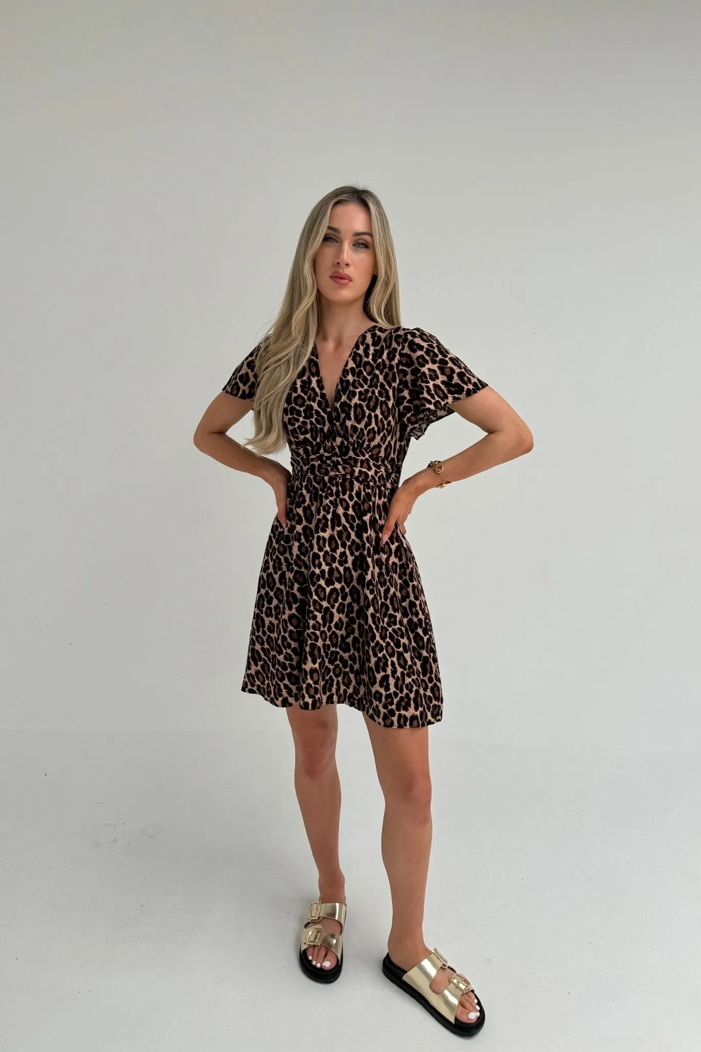 Ally Ruched Detail Dress In Leopard Print