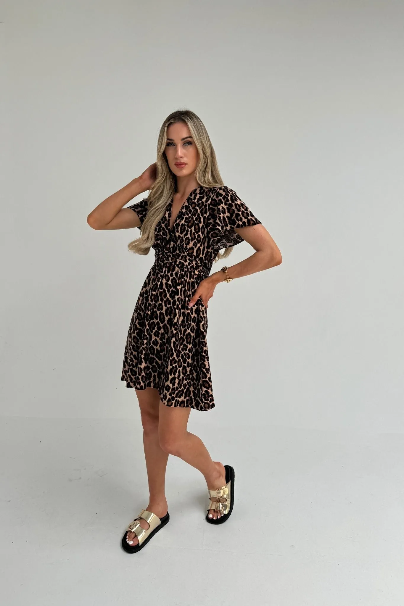 Ally Ruched Detail Dress In Leopard Print