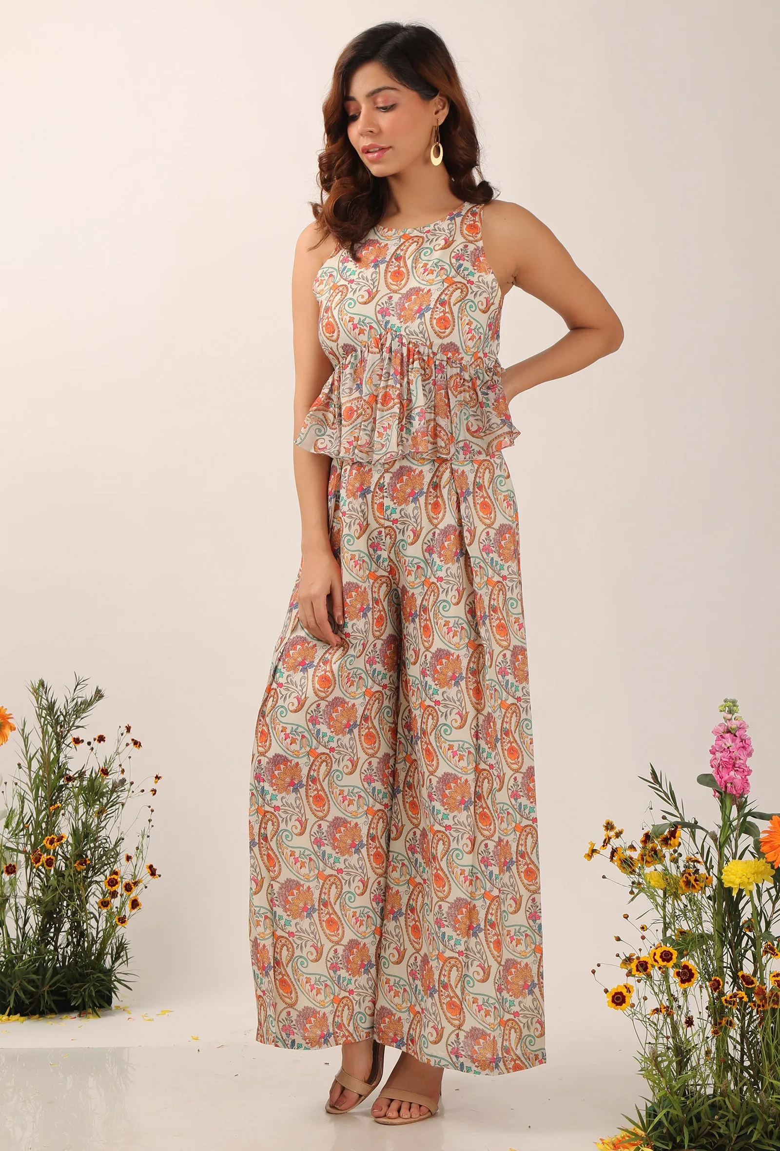 Amala Floral Chintz Peplum Jumpsuit With Backtie Up Details