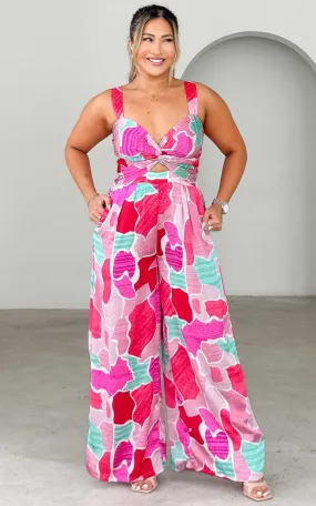 Better Days Wide Leg Jumpsuit - Pink Print