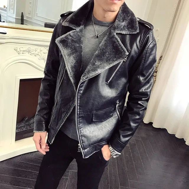 Black and Grey Warm Winter Casual Men Leather Jacket