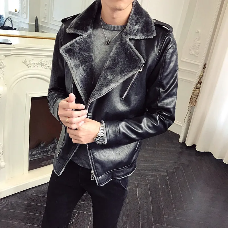 Black and Grey Warm Winter Casual Men Leather Jacket