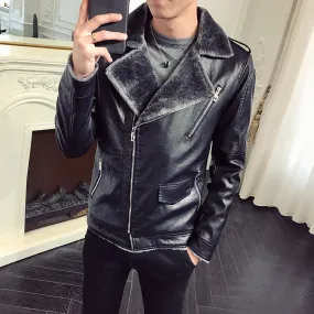 Black and Grey Warm Winter Casual Men Leather Jacket