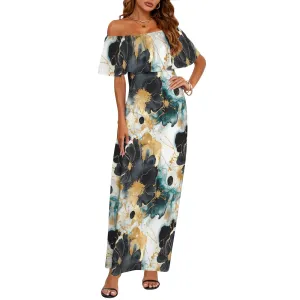 Black Gold & Green Ink Floral Women's Off Shoulder Ruffle Boat Neck Dress (Model D71)