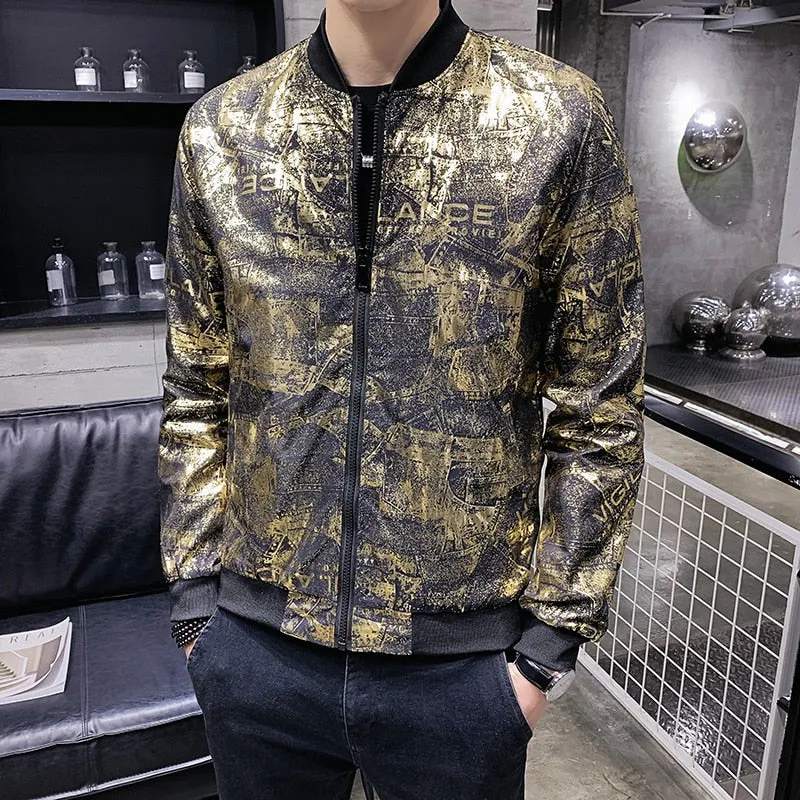 Black Gold Shimmer Print Men Bomber Jacket