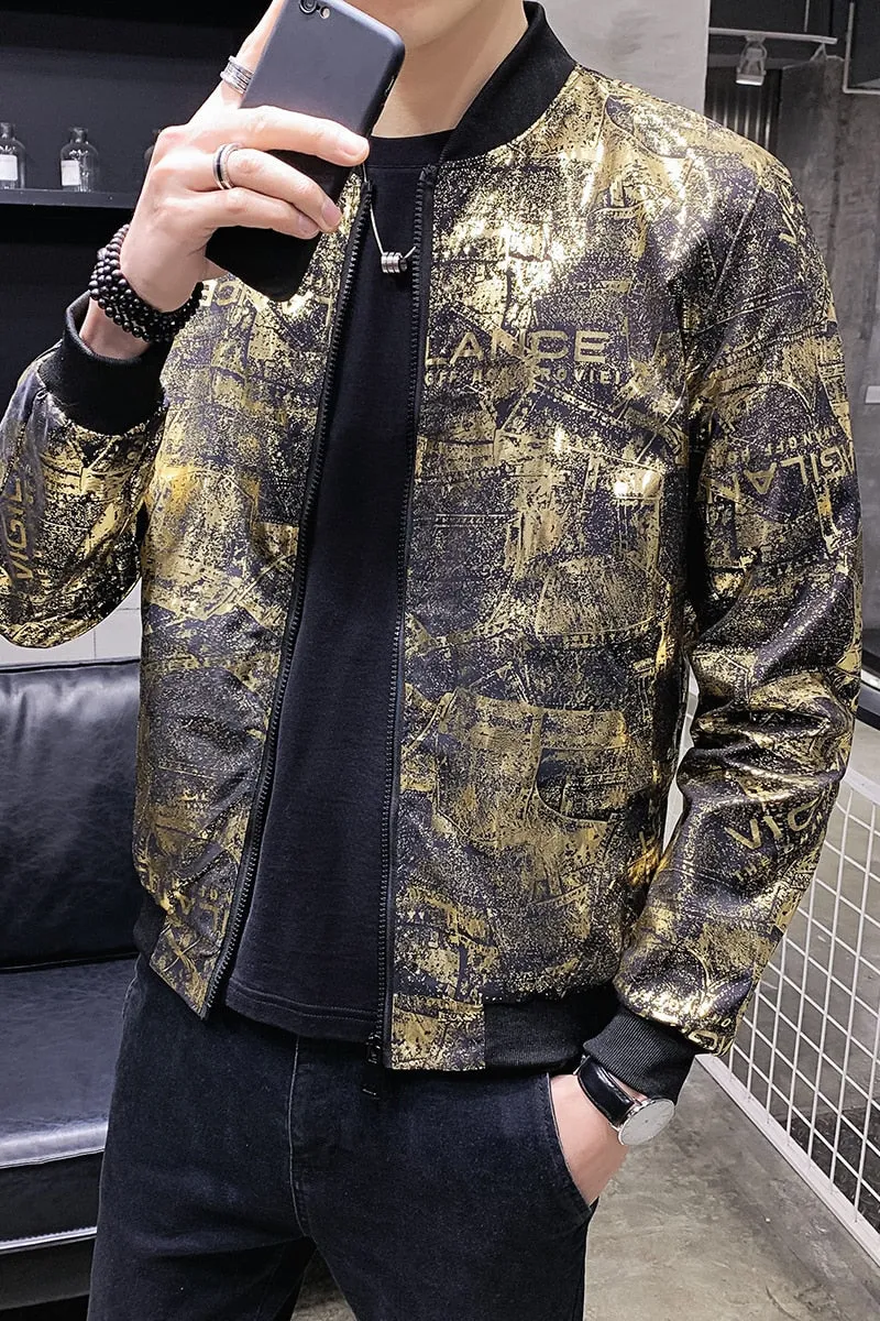 Black Gold Shimmer Print Men Bomber Jacket