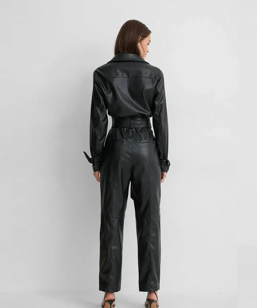 Black Lambskin Leather Jumpsuit