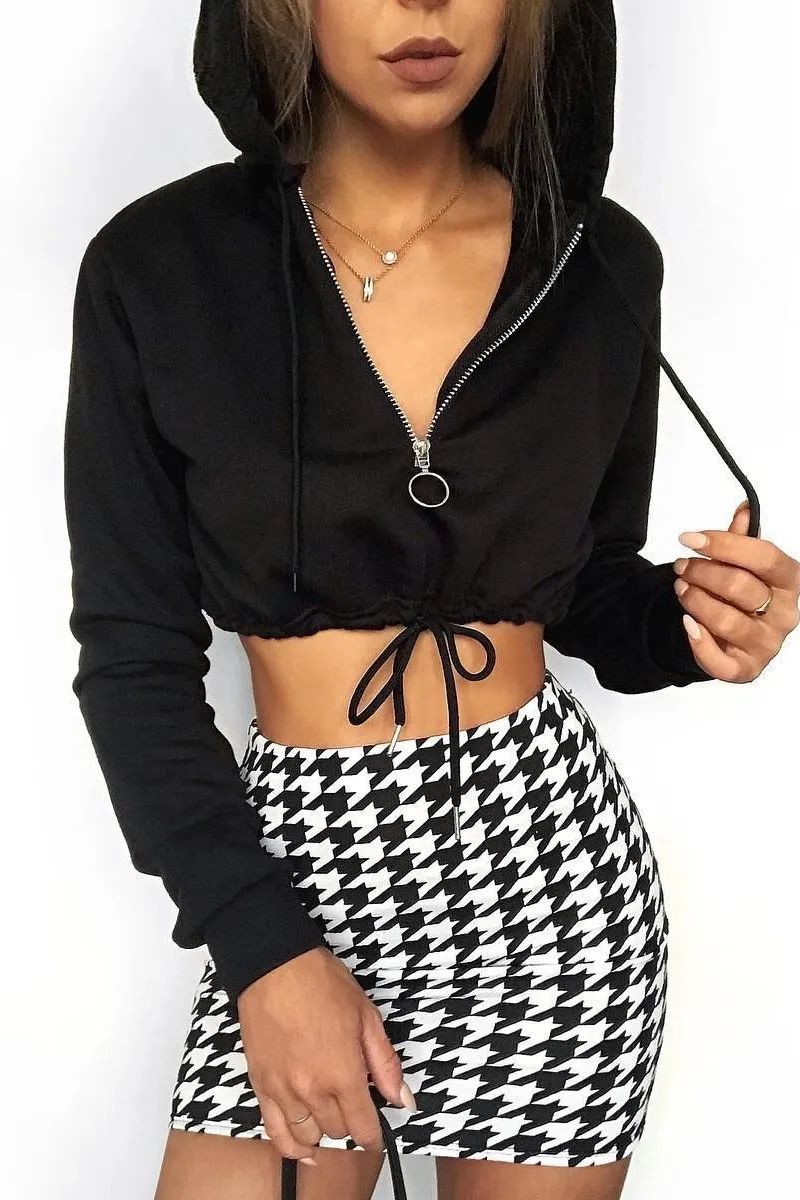 Black Zip Front Drawstring Waist Hoodie Crop Top - Rudi