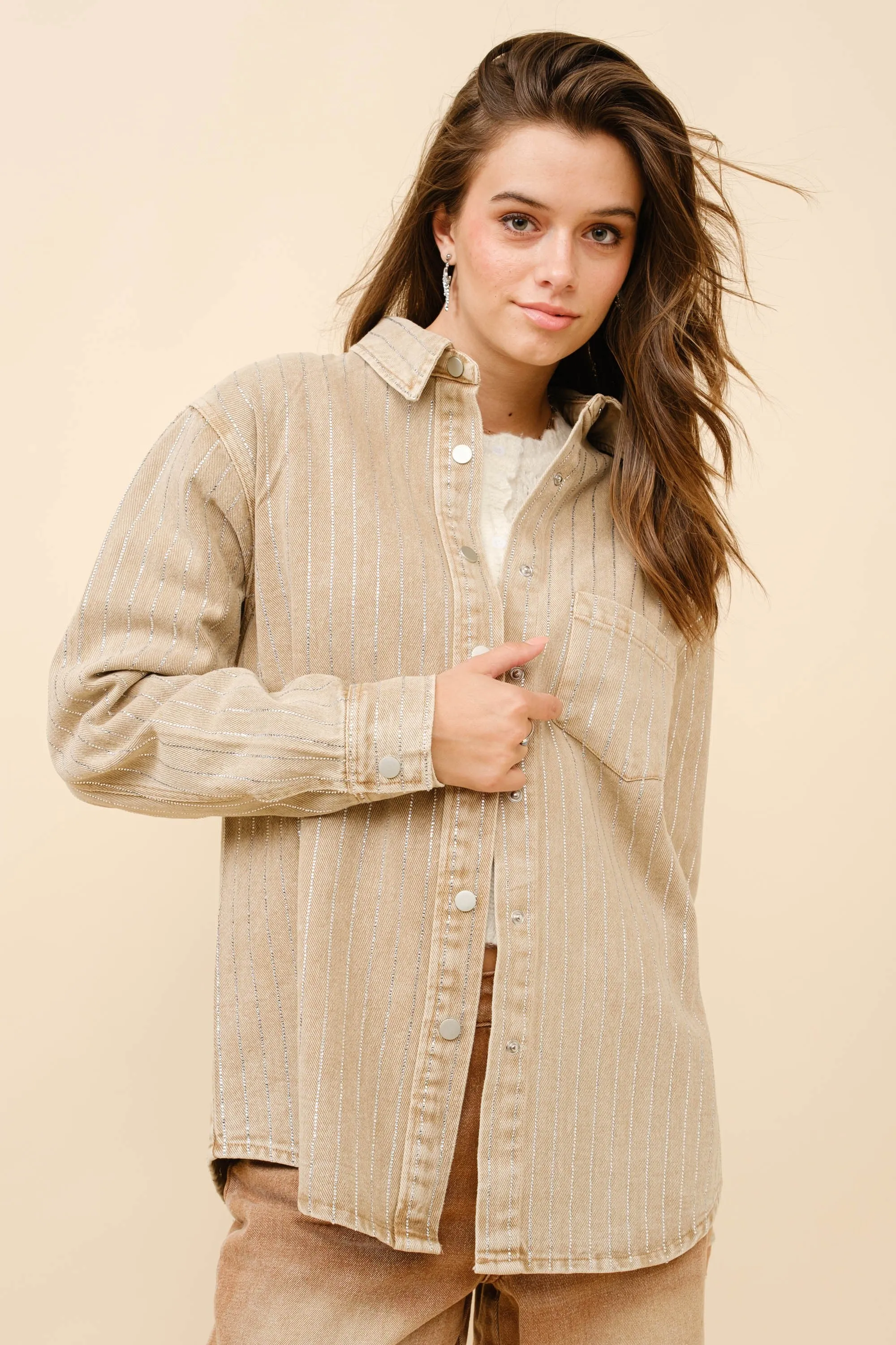 Blue B Denim Boyfriend Shirt Jacket with Embellished Sparkle Stone Pinstripes in Camel