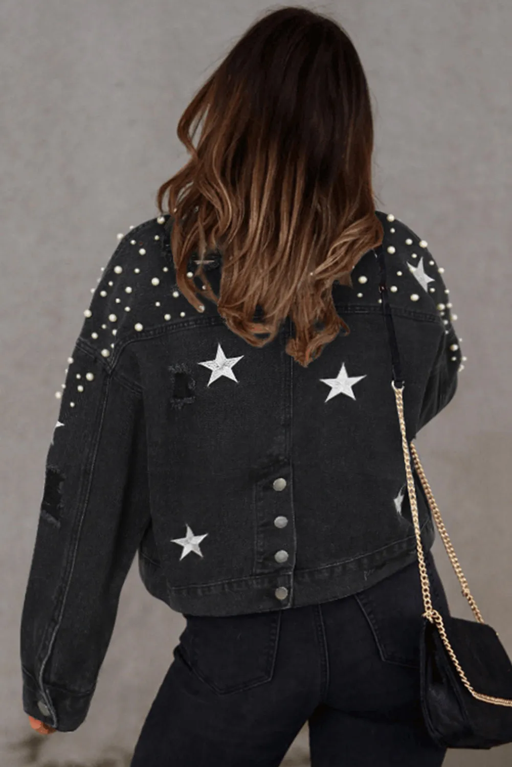 Blue Zone Planet |  Black Distressed Pearls Star Cropped Denim Jacket