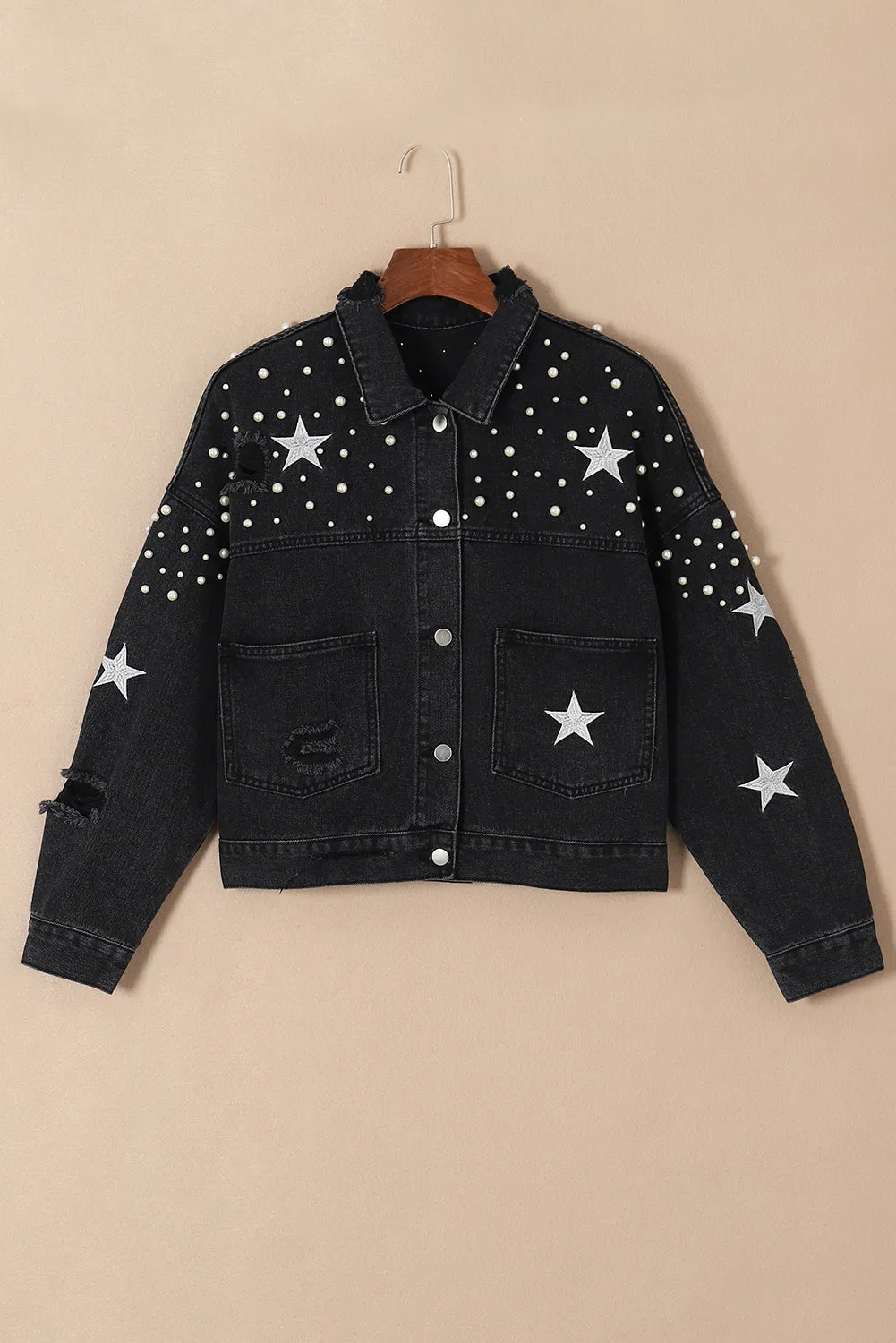 Blue Zone Planet |  Black Distressed Pearls Star Cropped Denim Jacket