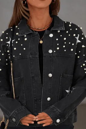 Blue Zone Planet |  Black Distressed Pearls Star Cropped Denim Jacket