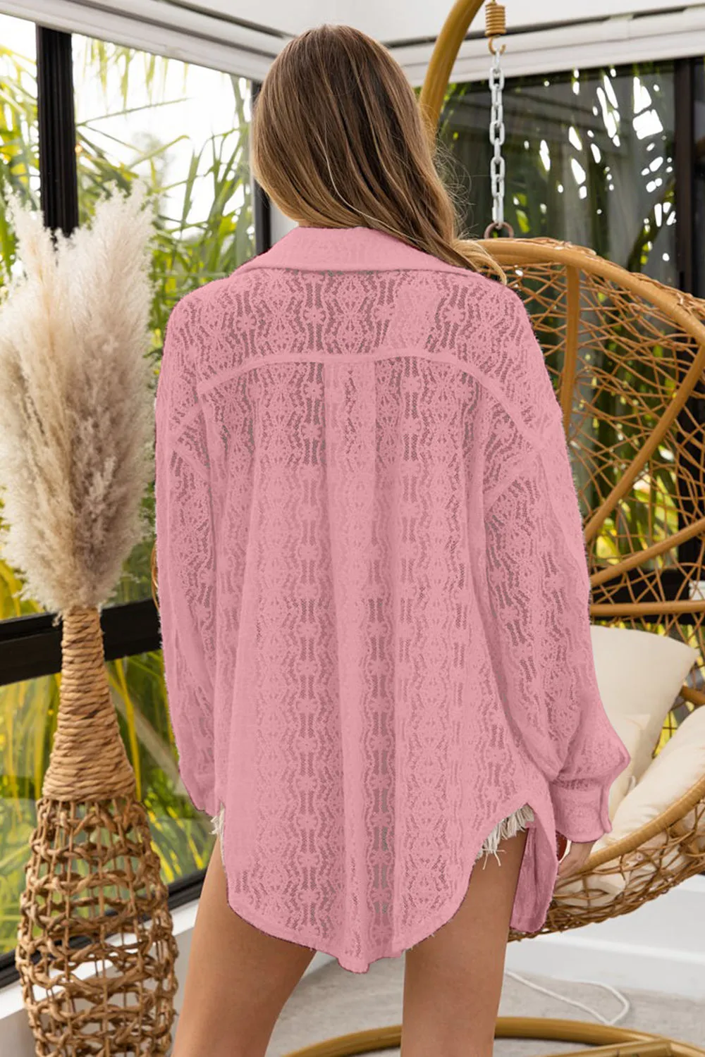 Bohemian Oversized Lace Shacket with Front Pockets