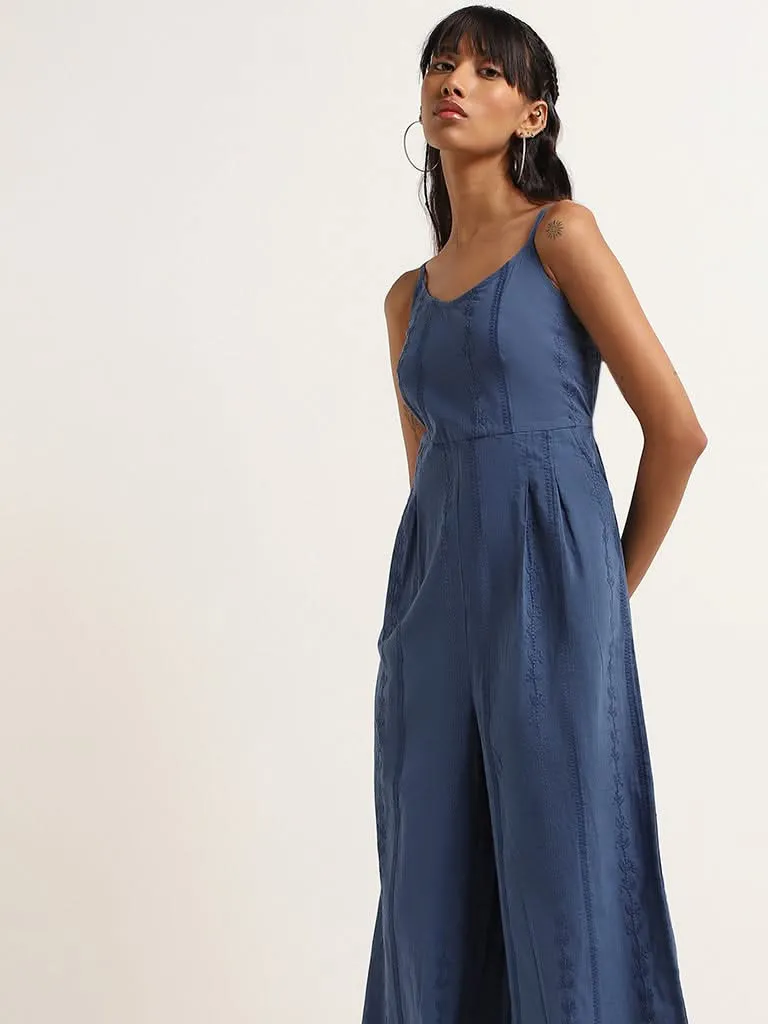 Bombay Paisley Blue Strappy Embroidered Cotton Jumpsuit