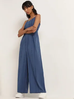 Bombay Paisley Blue Strappy Embroidered Cotton Jumpsuit