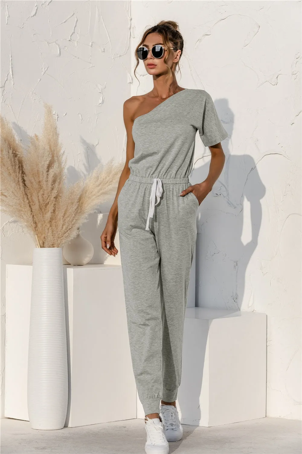 Casual Jumpsuit Single Shoulder Short Sleeve Pants Romper - Loungewear Romper