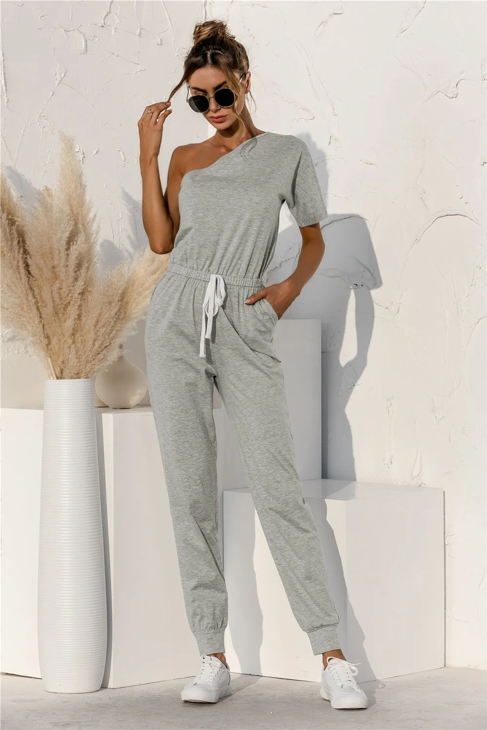 Casual Jumpsuit Single Shoulder Short Sleeve Pants Romper - Loungewear Romper