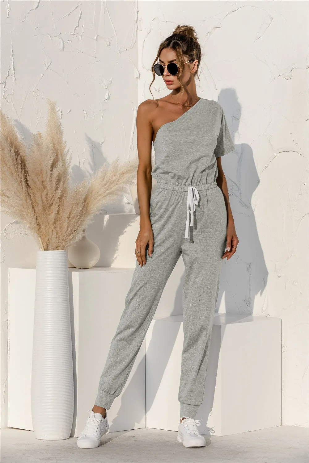 Casual Jumpsuit Single Shoulder Short Sleeve Pants Romper - Loungewear Romper