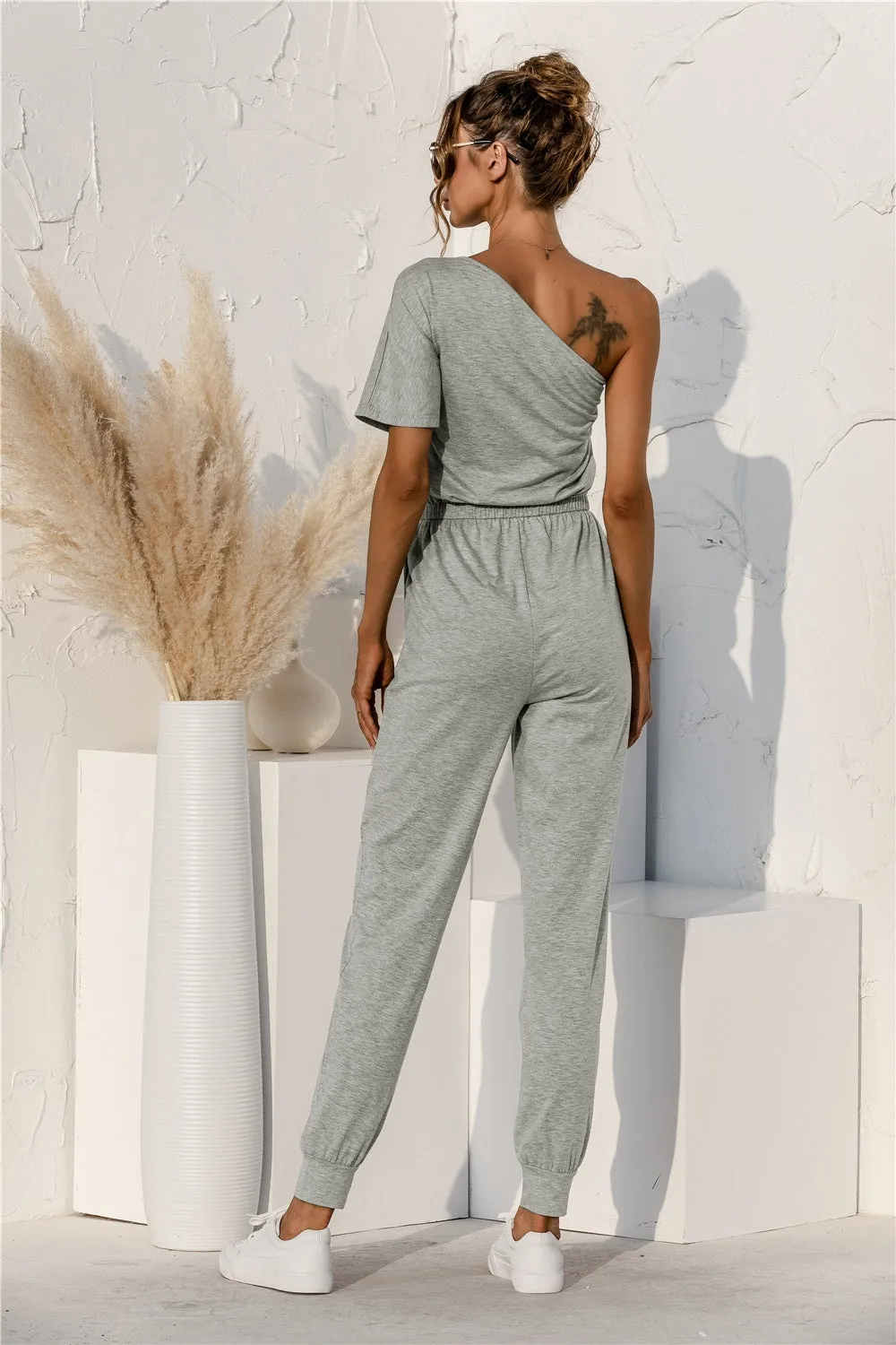 Casual Jumpsuit Single Shoulder Short Sleeve Pants Romper - Loungewear Romper