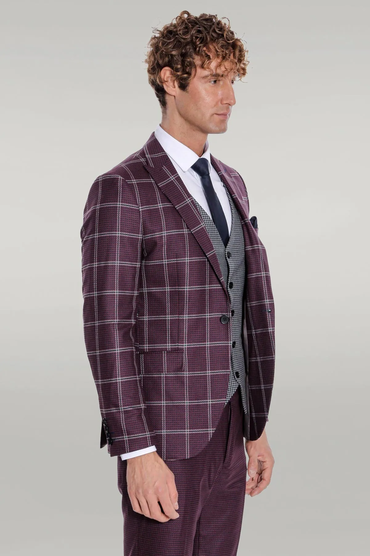 Checked Patterned Slim Fit Burgundy Men Suit - Wessi