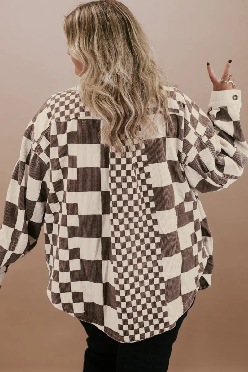 Checkered Brown Corduroy Plus Size Shacket