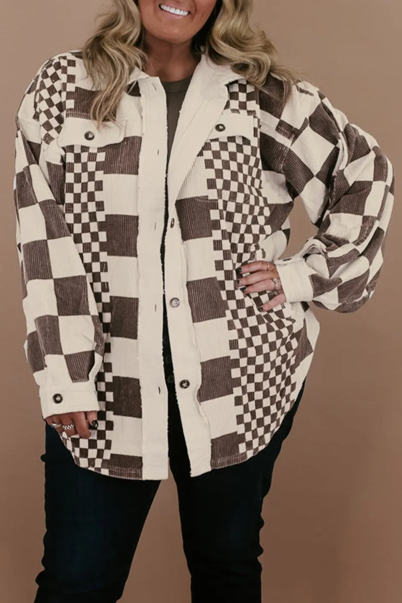 Checkered Brown Corduroy Plus Size Shacket