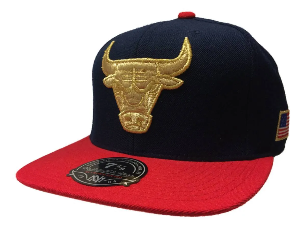 Chicago Bulls Mitchell & Ness Navy Red Gold Fitted Flat Bill Hat Cap (7 3/8)