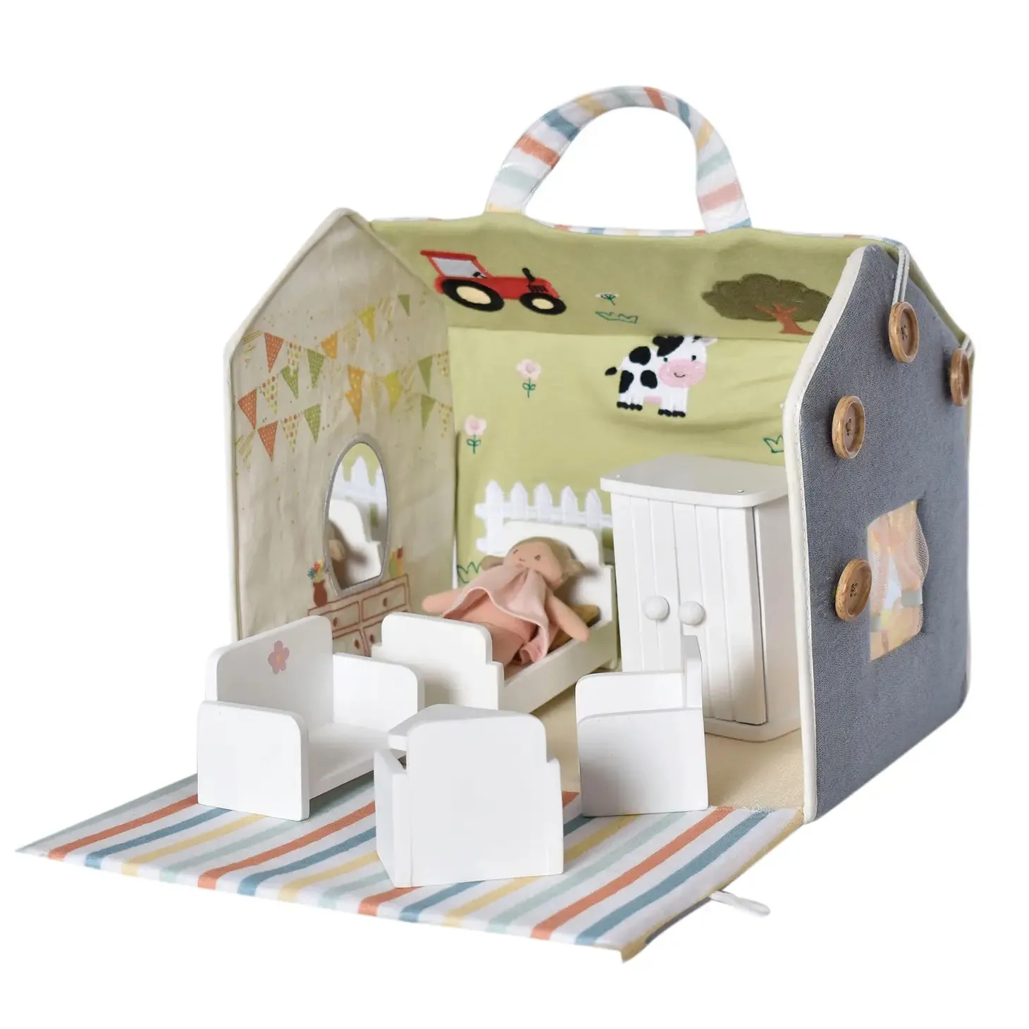 Cloth Dollhouse And Wooden Furniture Play Set