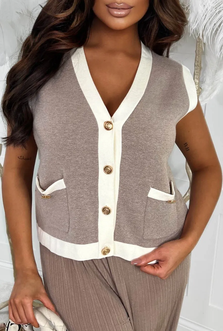 Couture Love Taupe Sleeveless Knitted Wasitcoat