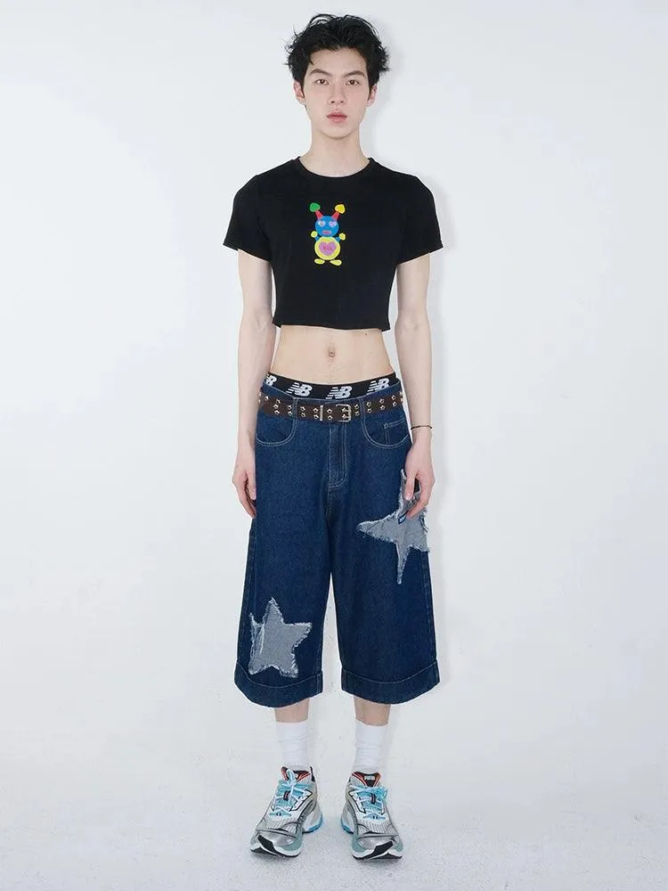 Dark Wash Denim Culottes With Star Appliqués