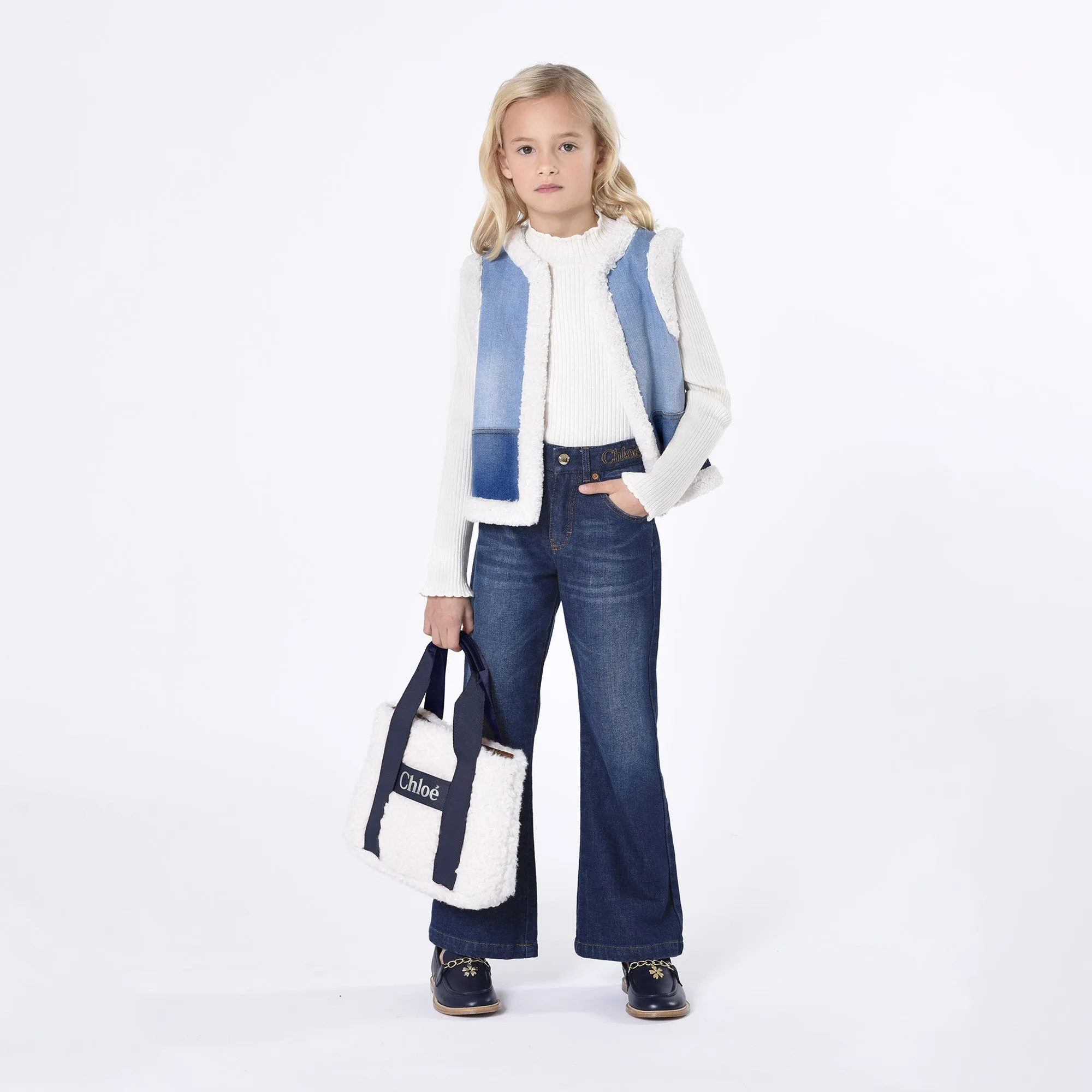 Denim Colorblock Shearling Vest