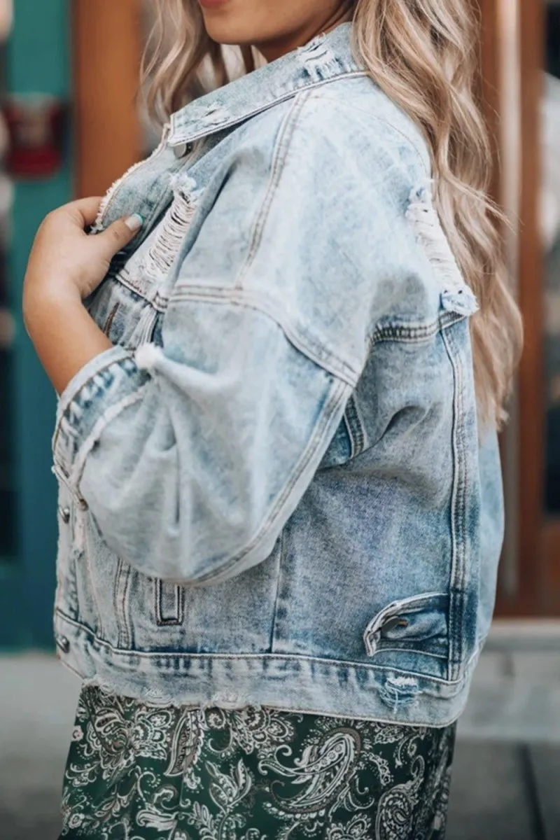 Distressed Cowgirl Drop Shoulder Denim Jacket