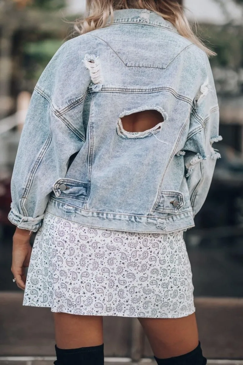 Distressed Cowgirl Drop Shoulder Denim Jacket