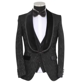 Elegant Black Paisley Three-Piece Tuxedo with Velvet Lapel - A Sophisticated Choice for 2024 Prom and Wedding Seasons