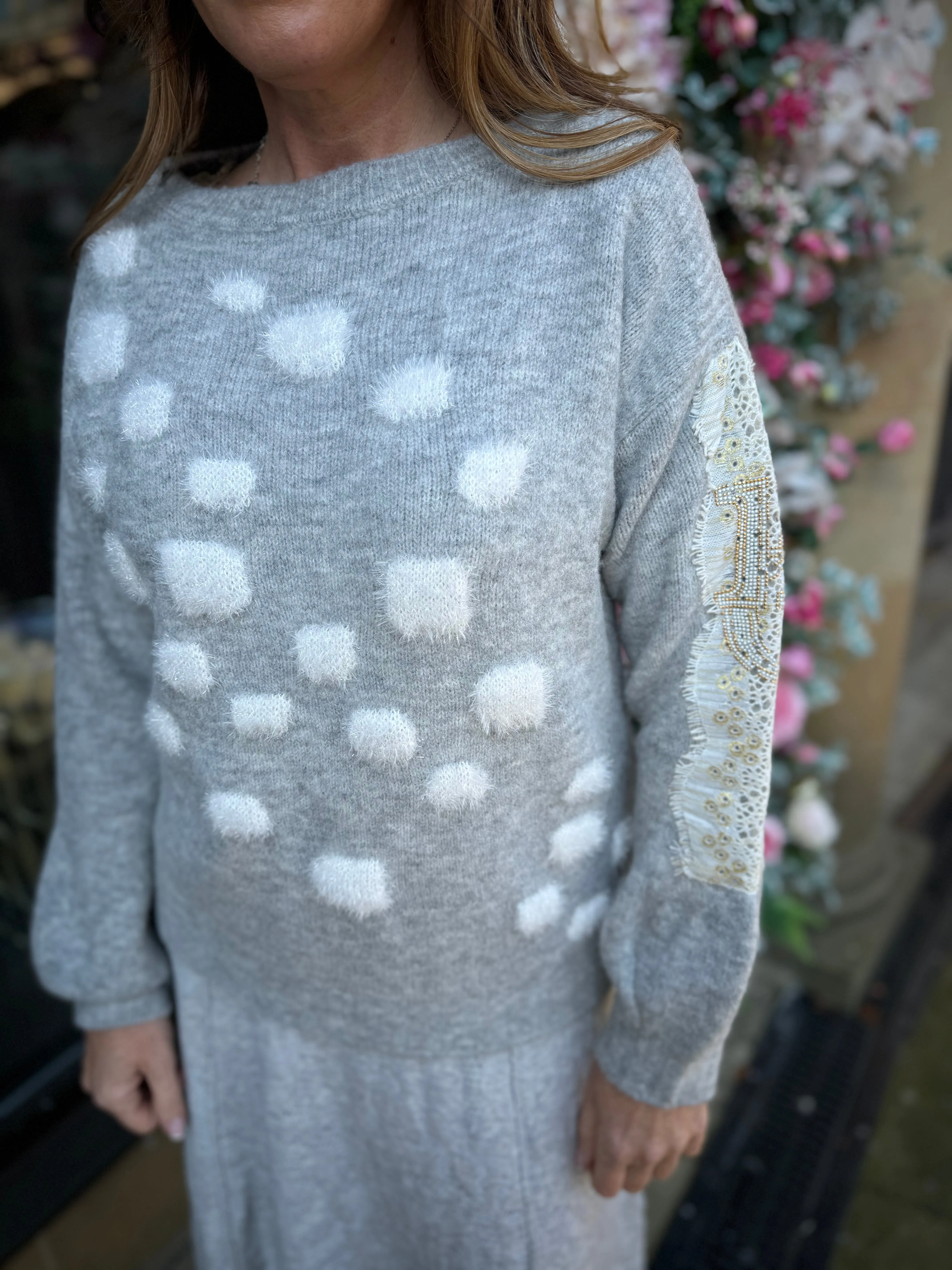 Elisa Cavaletti Grey melange sweater with jacquard polka dots