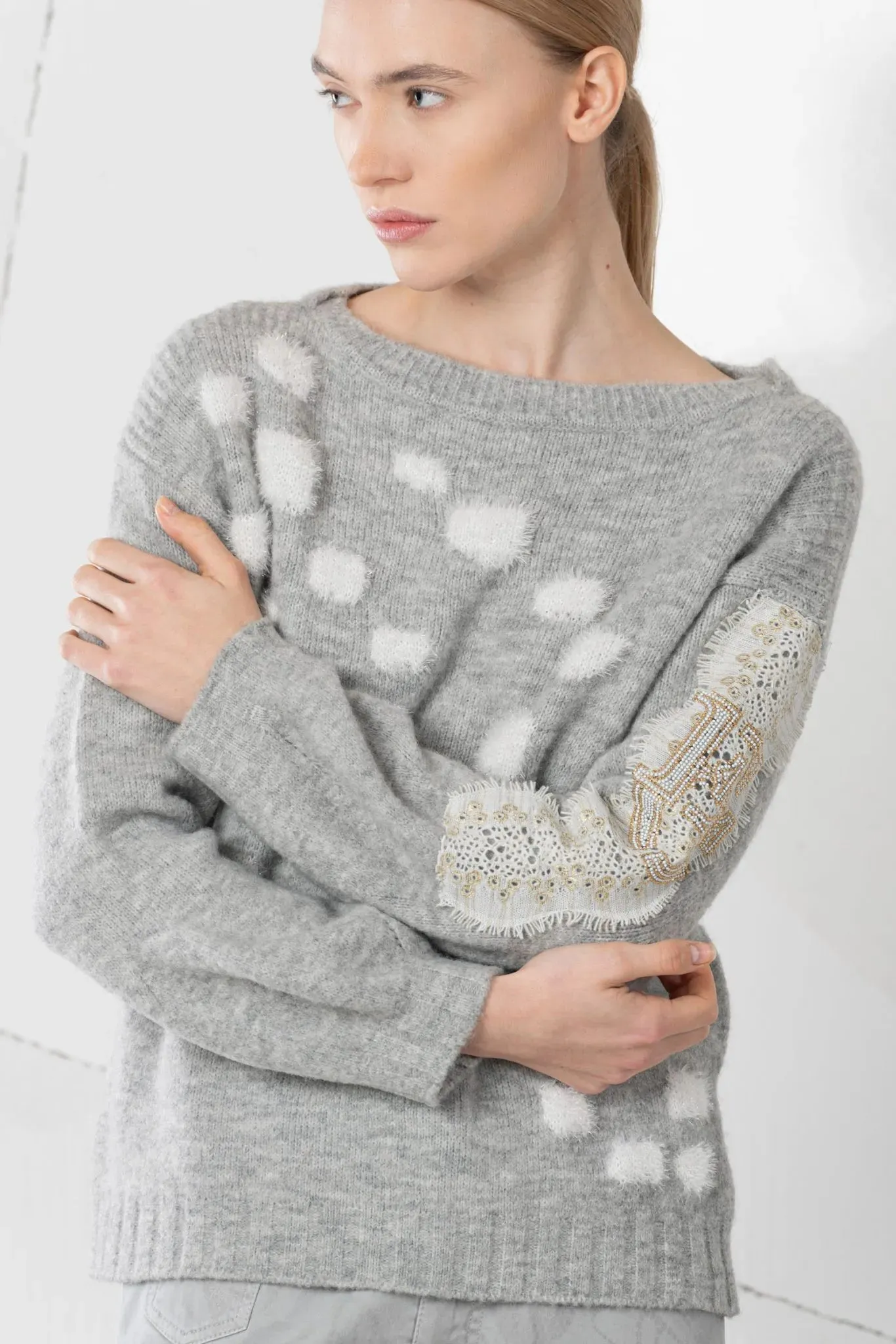 Elisa Cavaletti Grey melange sweater with jacquard polka dots