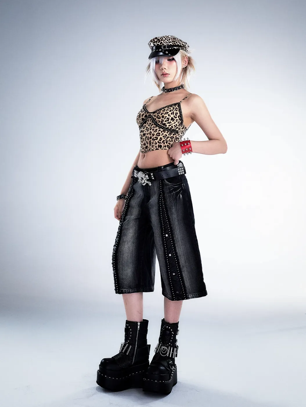 Frustration Garden Gothic Punk Denim Culottes - Black Faded Wide-Leg Capris with Studded Details