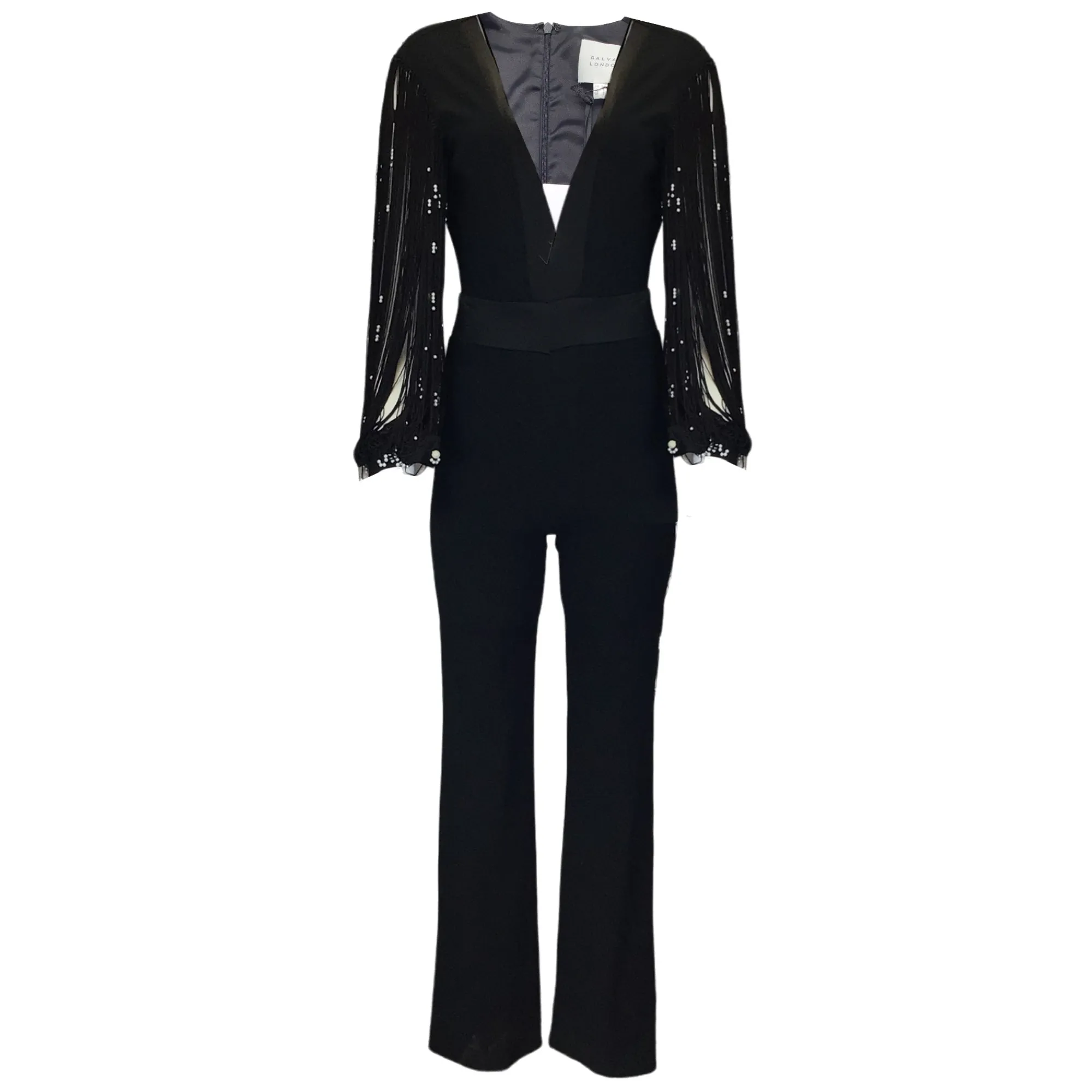 Galvan London Black Pearl Beaded Fringed Crepe Infinity Jumpsuit