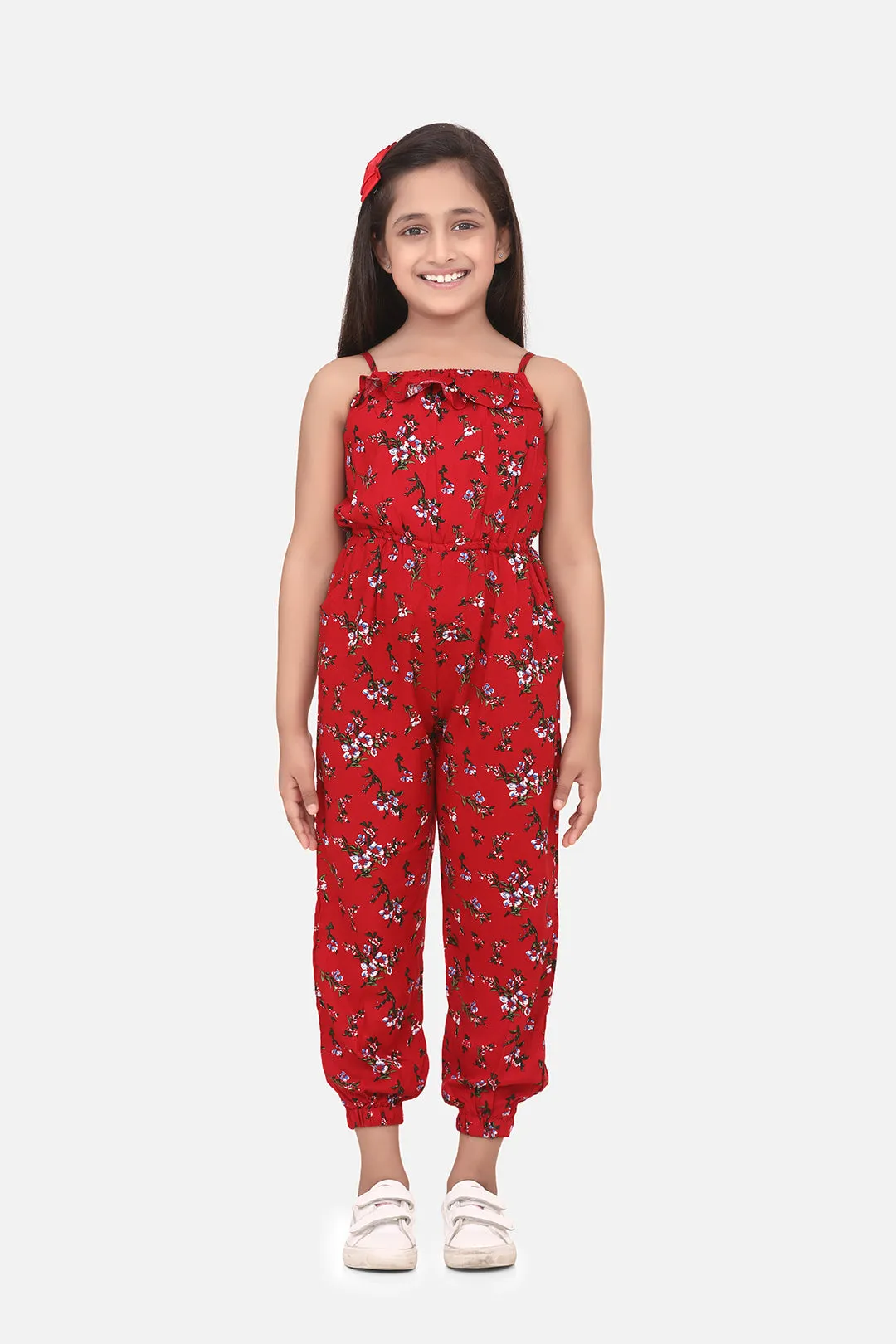 Girl's Multi Colored Leaf Print Rayon Jumpsuit - StyleStone Kid