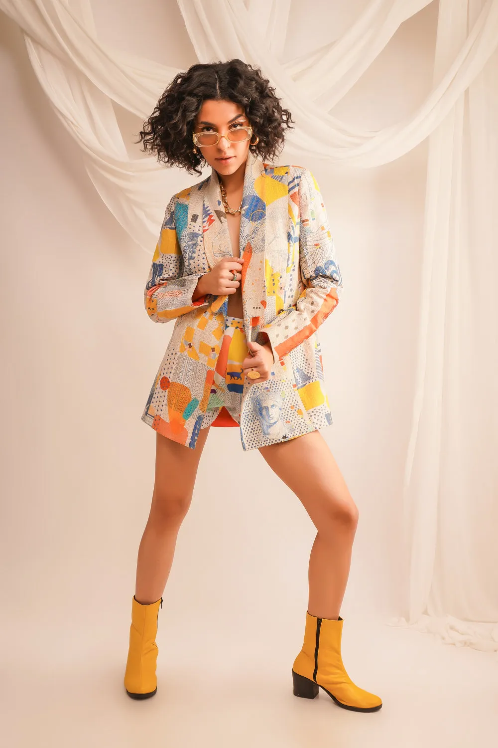 Gold Zari Quilted Jacket With Printed Shorts