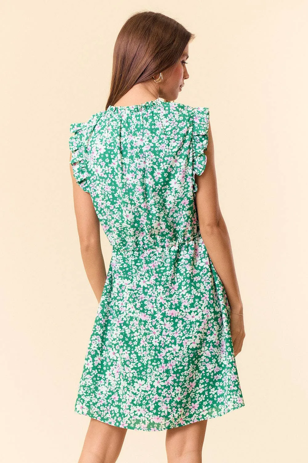 Green Floral Ruffle Cap Sleeve Dress