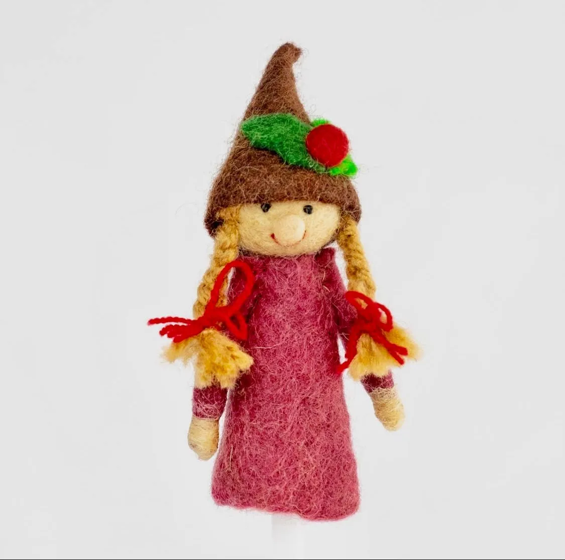 Handmade Felted Holly Gnome Finger Puppet