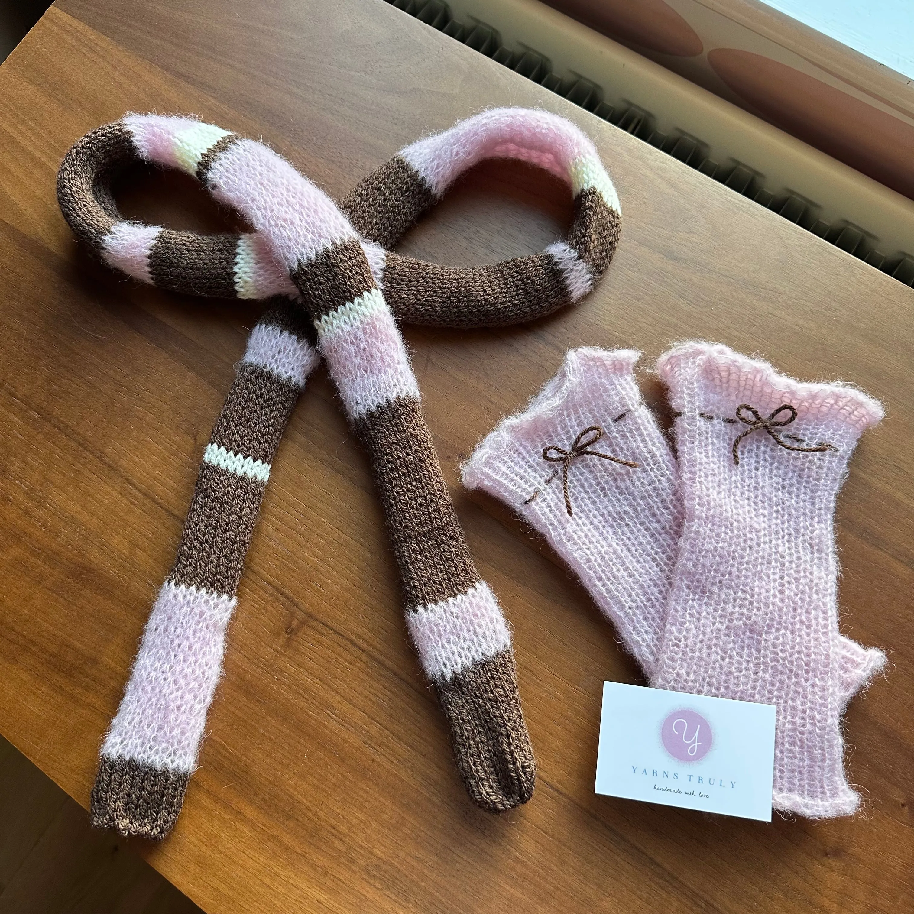 Handmade knitted mohair bow gloves in baby pink & brown - with thumb hole